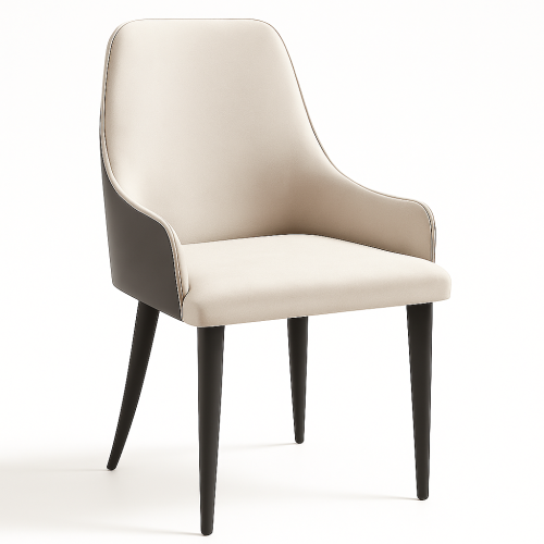 Silla de comedor Habitare Sierra Muebles Chile con respaldo en hierro y espuma inyectada, patas en madera Grandis y tapizado en cuero o tela