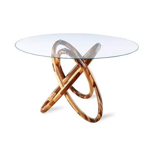 Mesa de comedor Elo Sierra Muebles Chile con base de madera Guajuvira y tapa de vidrio incoloro 120 cm de diámetro