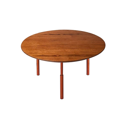 Mesa de centro Toquio Sierra Muebles Chile en madera roble americano con patas de acero inoxidable 70 cm de diámetro