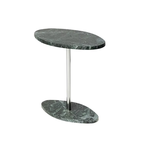 Mesa lateral Amati Orgânica Sierra Muebles Chile con tapa de piedra natural y base de acero inoxidable