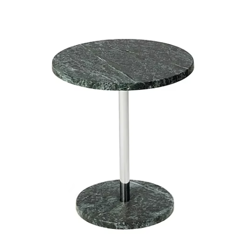 Mesa lateral Amati Redonda Sierra Muebles Chile con tapa de piedra natural y base de acero inoxidable