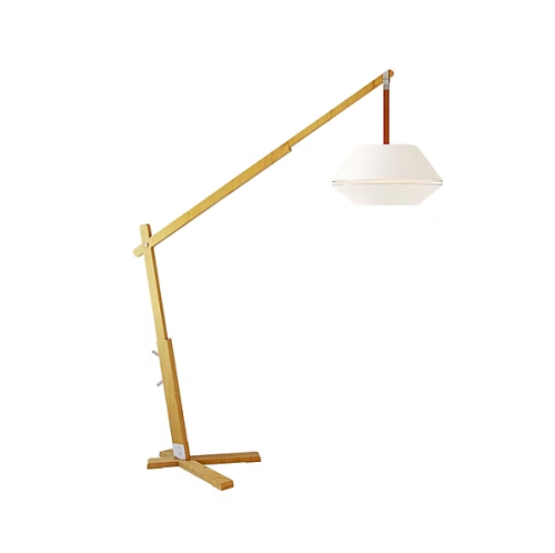 Lámpara Eric Sierra Muebles Chile – luminaria de diseño elegante en madera Champagne y pantalla de tejido con luz LED cálida.