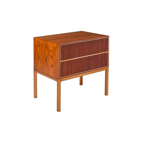 Mesa de Noche Phoenix Sierra Muebles Chile – velador de diseño contemporáneo en Carvalho Americano con base en acero inoxidable y detalles metálicos.