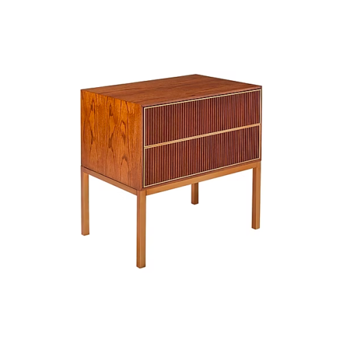 Mesa de Noche Phoenix Sierra Muebles Chile – velador de diseño contemporáneo en Carvalho Americano con base en acero inoxidable y detalles metálicos.