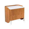 Mesa de Noche Loris Sierra Muebles Chile – velador de diseño atemporal en madera Carvalho Americano y piedra natural con base de acero inoxidable.