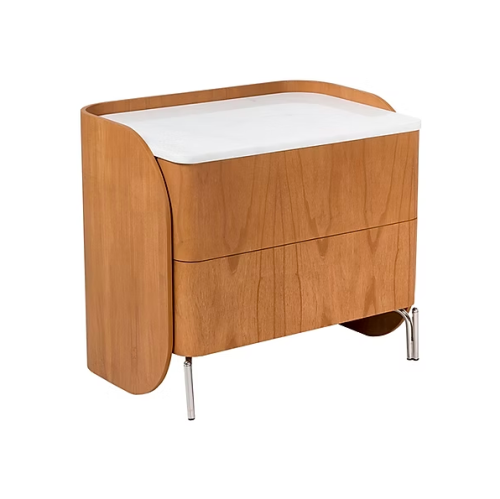 Mesa de Noche Loris Sierra Muebles Chile – velador de diseño atemporal en madera Carvalho Americano y piedra natural con base de acero inoxidable.